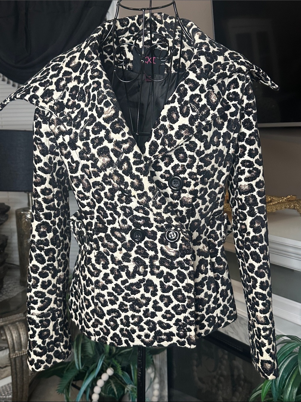 Leopard Print Double-Breasted Peacoat - Black & White